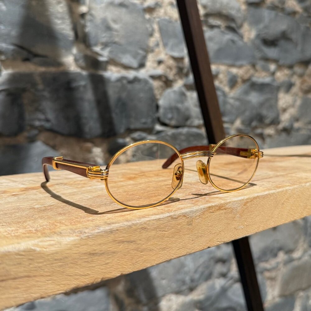 Must de Cartier Vintage Giverny Gold Plated Round Bubinga Wood Sunglasses - Picture 3 of 16
